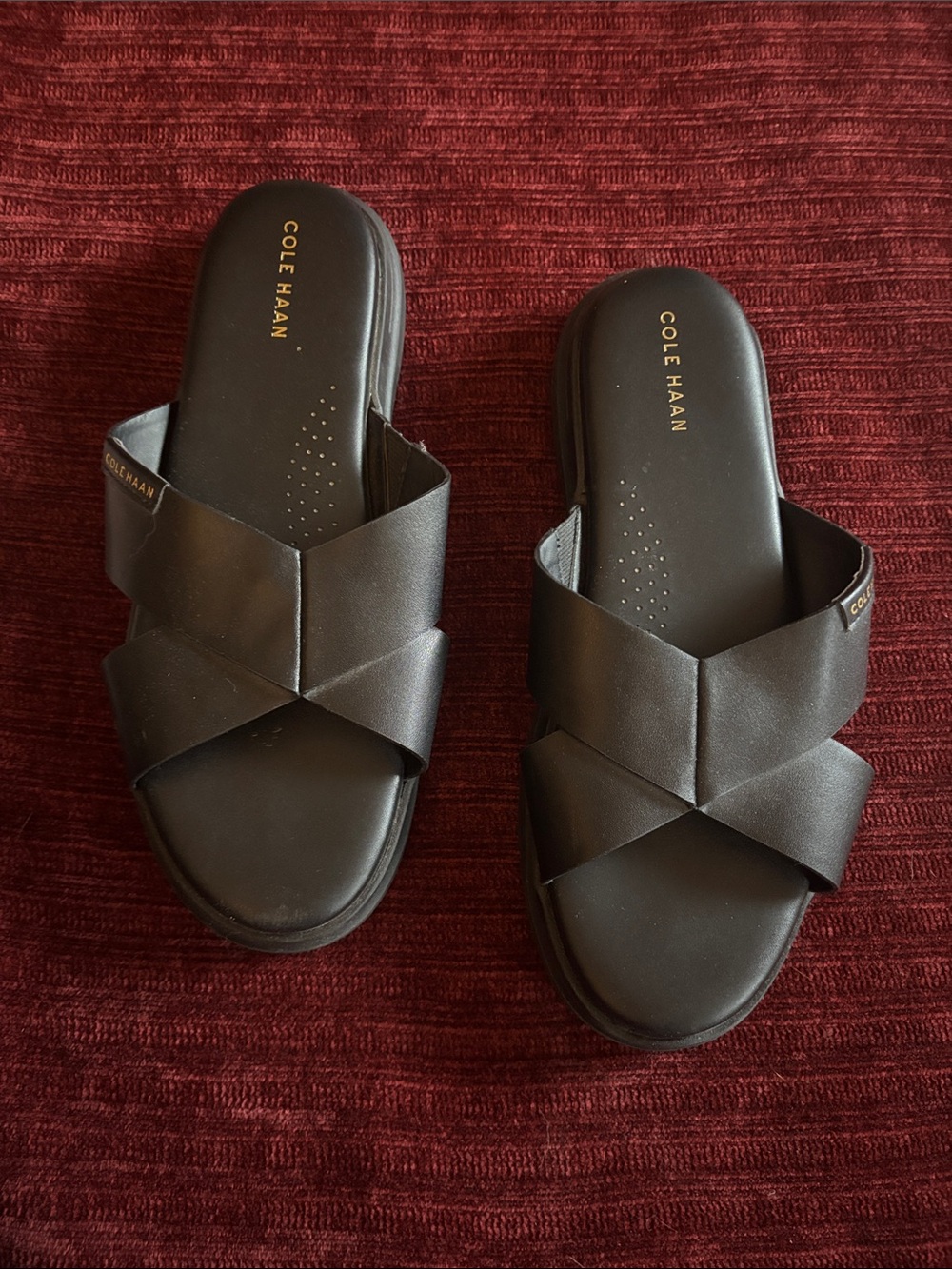 Cole Haan Black Crisscross Leather Slide Sandals